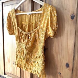 Rebellion Again Mustard Boho Chic Peasant Top Blouse Coastal Cowgirl - Medium